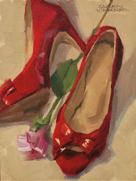 Karen Werner, Red Shiny Shoes Classy Drawings, Shiny Shoes, Object Drawing, Abstract Flower Painting, Art Diary, Daily Painting, Skateboard Art, Wow Art, Red Art