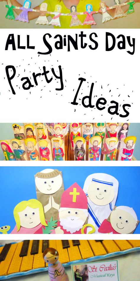 If you are having an All Saints' Day Party you have got to check out this awesome list of ideas! Games, costumes, crafts, and more! #catholicicing #allsaintsday #catholickids #liturgicalliving #catholicrafts Saints Day Crafts For Kids, Catholic Halloween Crafts, How To Celebrate All Saints Day, All Saints Day Party Games, All Saints Party Ideas, All Saints Party, All Saints Day Crafts For Kids, All Saints Day Crafts, All Saints Day Games