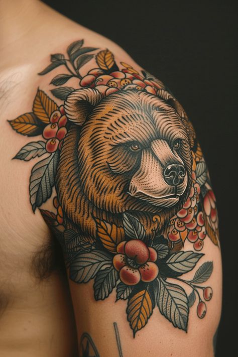 Fierce Bear Tattoo Ideas With Strong Symbolism Pretty Bear Tattoos, Color Bear Tattoo, Neoclassical Tattoo Style, Bear And Fox Tattoo, American Traditional Fox Tattoo, American Traditional Tattoo Sleeve Men, Bear Tattoo Women, Neotraditional Back Tattoo, Bear Traditional Tattoo