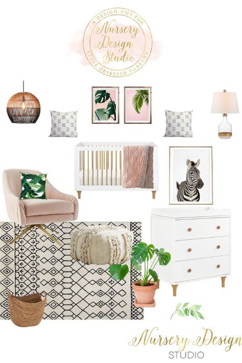 This beautiful Blush Botanical Nursery with a mix of the blush accents and vibrant greens makes the nursery design so pretty, fresh and modern. #blushnursery Sage Nursery, Nursery Design Board, Botanical Nursery, Shared Nursery, Blush Nursery, Nursery Accents, Tropical Nursery, Small Nurseries, Nursery Style