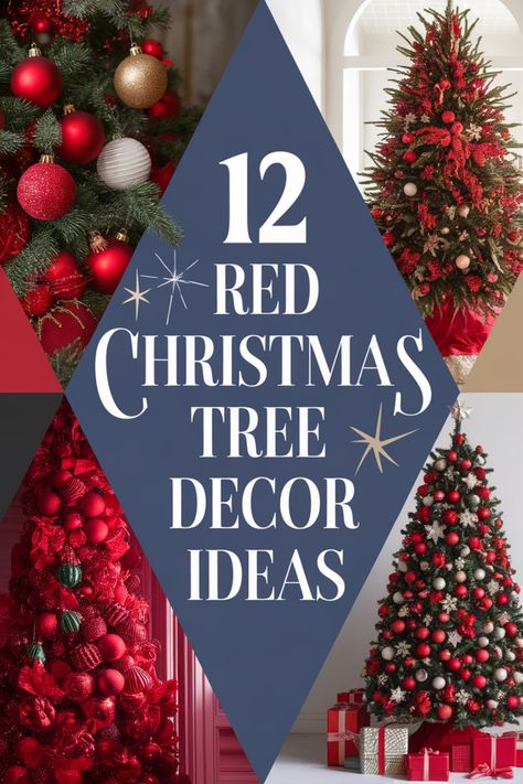 Red Christmas tree decor ideas with red and white ornaments and gift boxes. Red Ornament Tree, Christmas Trees With Red Lights, Red Pencil Christmas Tree, Red Ribbon Christmas Tree Ideas, Christmas Tree Made Of Ornaments, Red Xmas Tree Decorating Ideas, Christmas Tree Themes Colors Red, Red Ornaments Christmas Tree, Red Christmas Tree Decorations Ideas