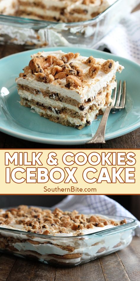 Milk and Cookies Icebox Cake Icebox Pies, Best Grill Recipes, Icebox Cakes, Ice Box Cake, Lush Recipes, Picnic Potluck, Desserts With Chocolate Chips, Plate Recipes, Icebox Cake Recipes