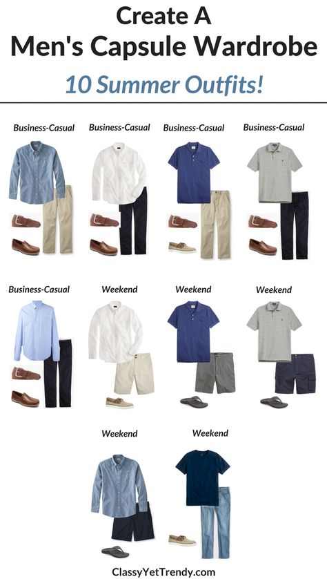 Create a Men’s capsule wardrobe for the Summer…Transform Your Closet! I’m sharing a few featured items in the capsule wardrobe and shows how you can mix and match those items to create several outfits! Features a white oxford shirt, chambray shirt, polo shirt, chinos, twill shorts, jeans, cargo shorts, khaki pants, boat shoes and loafers. Khaki Pants Outfit Men, Capsule Wardrobe Men, Men's Capsule Wardrobe, Khaki Pants Outfit, Mens Wardrobe Essentials, Men's Business Casual, Classy Yet Trendy, Minimalist Fashion Men, Pants Outfit Men