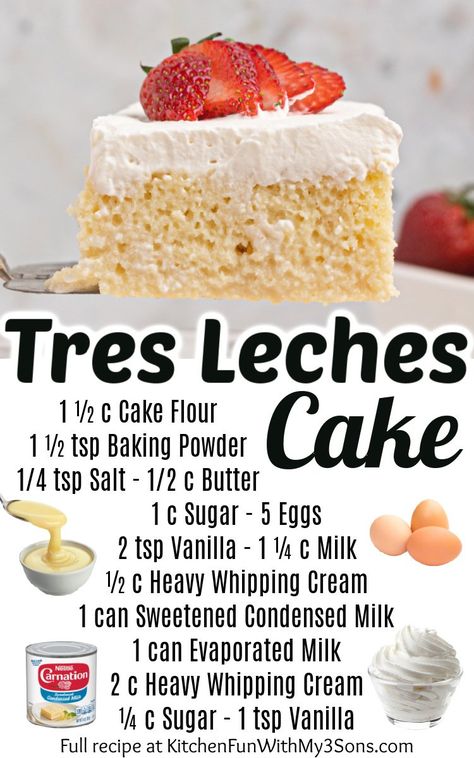 Tres Leches Cake Recipe Authentic, Mexican Dessert Recipes Easy, Homemade Vanilla Frosting, Yummy Dessert Recipes, Tres Leches Cake Recipe, Birthday Cake Decorating Ideas, Boricua Recipes, Mexican Dessert Recipes, Tres Leches Cake