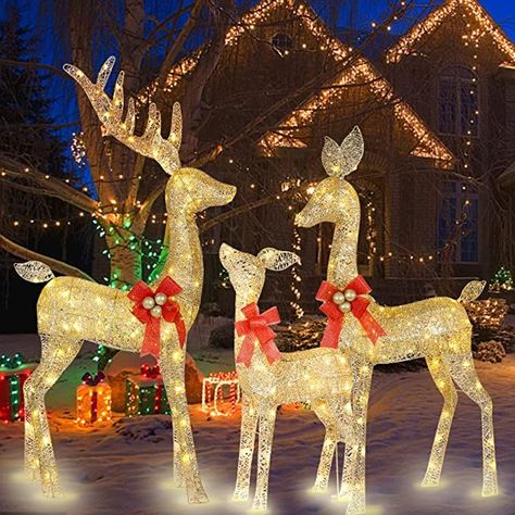 Outdoor Christmas Reindeer, Front Yard Porch, Christmas Decor Reindeer, Light Up Christmas Decorations, Xmas Decorations Outdoor, Christmas Reindeer Decorations, Deer Family, Christmas Yard Decorations, Family Decor