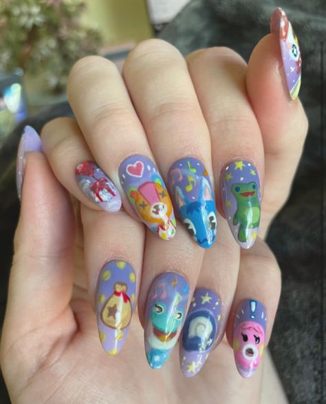 Purple ombré nails with animal crossing characters painted on each nail Acnh Nails Design, Nail Character Design, Animal Crossing Nails Design, Animal Crossing Nail Art, Animal Crossing Painting, Animal Crossing Nails, Iris Nails, Nail Story, Cartoon Nail Designs