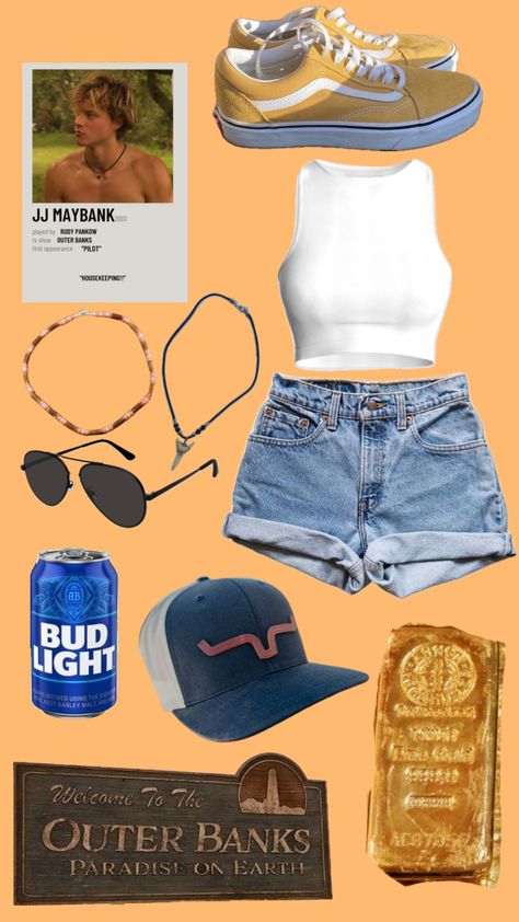 Jj Obx Outfit, Summer Camp Style Outfit, Cute Outer Banks Outfits, Pogue Style Outfits, Summer Clothing Brands, Jj Outer Banks Outfits, Jj Maybank Inspired Outfits, Pogues Outfits, Movie Character Outfit Ideas