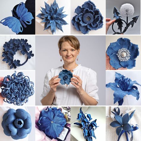 Upcycled denim flowers: give your old garments a new lease of life Flor Crochet, Denim Wreaths, Återvinna Jeans, Denim Crafts Diy, Making Fabric Flowers, Blue Jeans Crafts, Yarn Wall, Denim Jewelry, Handmade Flowers Fabric