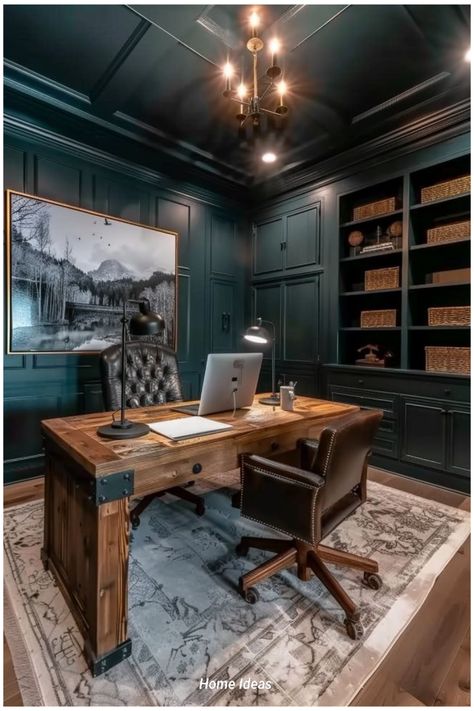 Home Office Ideas Masculine, Man’s Office, Cozy Home Office Ideas, Home Office Decor Inspiration, Construction Office, Dorm Room Hacks, Small Fireplace, Room Hacks, Cozy Home Office