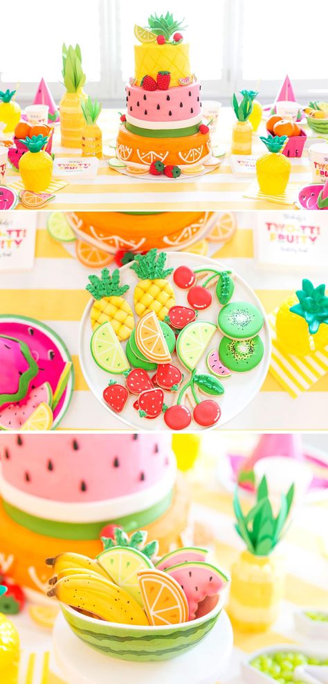 Sweet One Fruit Birthday Theme, Fruits Party Ideas, Fruit Themed Cookies, Tuti Fruiti Birthday Party, Two Sweet Fruit Birthday Party, Two-ty Fruity Birthday Party, Fruits Birthday Theme, Fruit Themed Cake, Fruit Party Ideas