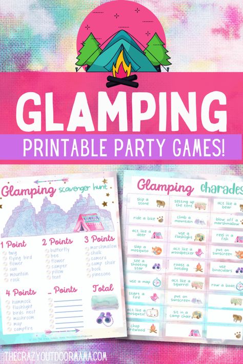 Glamping Birthday Party Activities, Glamping Bday Party Ideas, Camp Sleepover Party, Girl Camping Birthday Party, Girls Glamping Birthday Party, Camping Birthday Party Activities, Glamping Activities, Glamping Party Ideas, Camping Printables