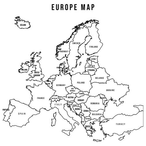 Europe Countries Map, Europe Map With Countries, Europe Map Aesthetic, Free Printable World Map With Countries, European Map Printable, World Map Coloring Page Free Printable, Map Of European Countries, Printable World Map With Countries, Map Of Europe Printable