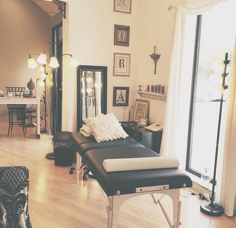 Makeup Studio Interiors | Microblading For Eyebrows | Cosmetic Tattoo | Michigan | Artist: Alana Everett Permanent Makeup Studio Decor, Makeup Studio Interior, Mural Tattoo, Mobile Tattoo, Spa Room Ideas, Makeup Studio Decor, Studio Images, Esthetics Room, Esthetician Room