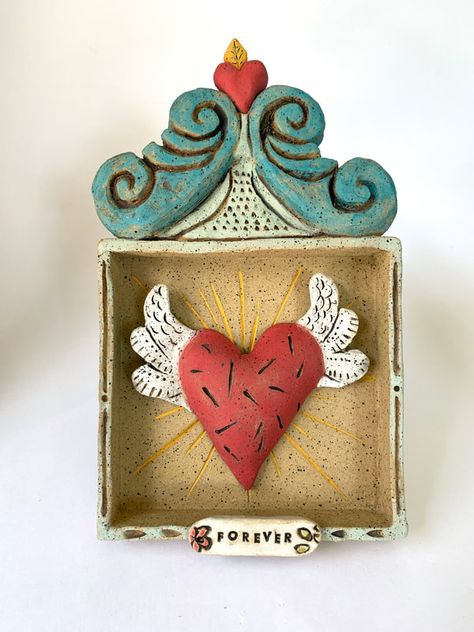 Folk Art Pottery, Heart Mexican Art, Air Dry Clay Sacred Heart, Folk Art Hearts Painting, Ceramic Sacred Heart, Mexican Folk Art Decor, Milagros Heart Mexican Folk Art, Sacred Heart Art, Shrines Art