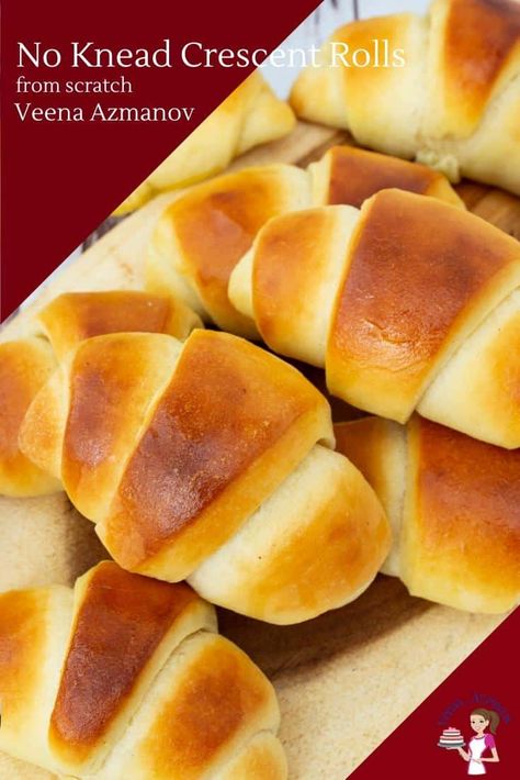 These rich, soft, buttery, crescent rolls are made from scratch. We make a no-knead dough with just six ingredients which are mostly pantry staples and takes just five minutes to combine. #crescent #rolls #bread #noknead #crescentrolls #breadrolls #howtobread #baking #bakingbread Cresant Rolls, Rolls From Scratch, Homemade Crescent Rolls, Rolls Bread, Rolls Easy, Bread Shaping, Homemade Dinner Rolls, Crescent Roll Recipes, Flaky Pastry