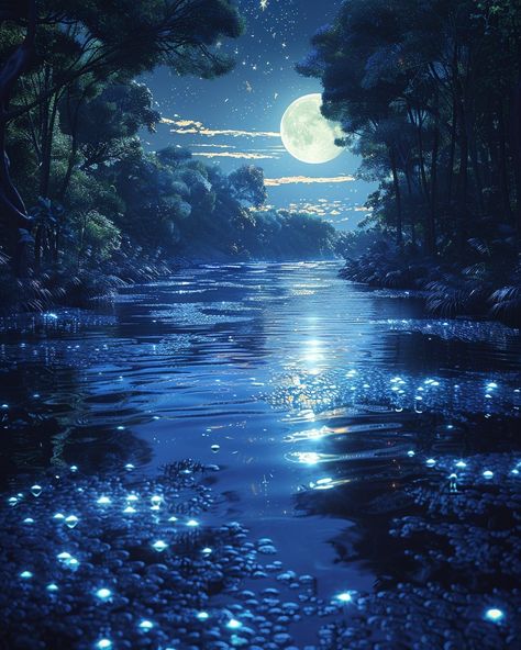 Following the faint path in the enchanted forest, you come across a river of shimmering silver, its surface reflecting the ethereal glow of the moon and stars. ⁠ As you bend down to drink, a sprite with eyes like sparkling emeralds emerges from the water, warning you of the Red Queen's wrath. "She knows you're here," it whispers with a voice like tinkling bells before vanishing into the night.⁠ ⁠ ⁠ #aiart #aiartwork #aiartcommunity #aiimage #aipainting #digitalart #art #aiphoto #artist #land... Moonlight Aesthetic, Moon Reflection, Enchanted Night, Moon Forest, Cut Crease Tutorial, Moon Kingdom, Moon Water, The Moon And Stars, The Enchanted Forest