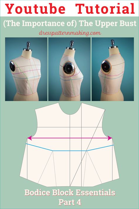 Understand the importance of the Upper Bust when drafting the Bodice Block. The Upper Bust is not often mentioned but is essential for a good fit. If you have a large (Patternmaking) Bust Cup, you need to have the correct Upper Bust measurement for the block to fit well. Bodice Block Drafting, Dress Block Pattern, Bodice Pattern Free, Moulage Draping, Pattern Drafting Bodice, Bodice Block, Mom And Baby Outfits, Pattern Drafting Tutorials, Threads Magazine