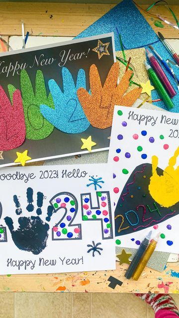 Deena Keller on Instagram: "New Year Handprint Crafts⭐️🖤follow @abcdeelearning for more kids ideas! Comment TEMPLATE to get your free 2024 handprint templates sent to your messages 🎉⭐️" Happy New Year Arts And Crafts For Kids, Hand Print New Years Craft, New Year’s Eve Handprint Craft, 2024 Handprint Craft, New Years Hand Print Crafts, 2024 Art For Kids, 2024 Preschool Craft, Happy New Year 2024 Craft Preschool, New Years Handprint Art