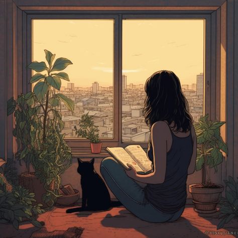 Reading Aesthetic Illustration, Looking Through A Window Art, Cat Sitting On Window Sill, Window View Illustration, Window Illustration Drawing, Girl Looking Out Window, Doodle Meme, Reading By The Window, Pictures On Wall