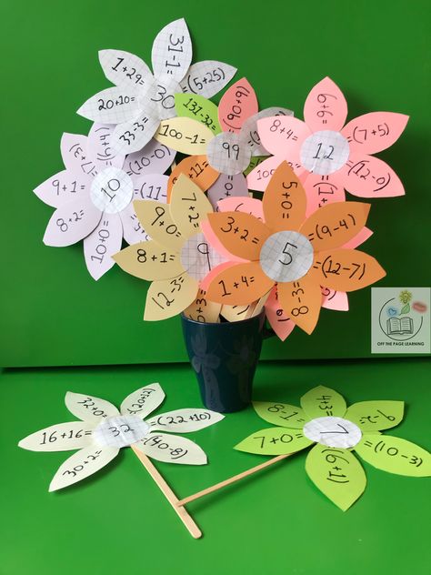 Grade one or year 1 student activity for math class.  Using basic 2 digit addition and subtraction on the petals to equal the number in the center.  Used paper and wooden stir sticks as stems making them eco friendly biodegradable educational math craft for kids 5 to 7 years old.  Made by Off The Page Learning in Hong Kong. Year 2 Craft Ideas, Paper Learning Activities, Mathematics For Primary School, 1st Grade Educational Crafts, Ks1 Craft Ideas, Math Project For Grade 1, Addition Math Craft, Activities For Class 2 Students, Addition Activity For Class 1