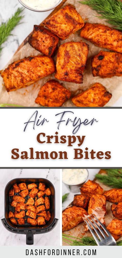 If you're looking for healthy air fryer recipes, you need to try these easy Air Fryer Salmon Bites! Versatile, delicious, and made with just a handful of ingredients, this easy salmon recipe is perfect for dinner, appetizers, or meal prep. Flavorful, flaky, and packed with protein. Easy Air Fryer Salmon, Salmon In Air Fryer, Salmon Bites Recipe, Crispy Salmon, Air Fryer Salmon, Healthy Air Fryer, Salmon Bites, Fried Salmon, Air Fry Recipes