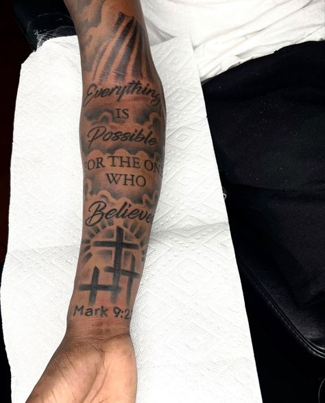 Freestyle Tattoo Sleeve Men, Religous Tattoo Forearm, Choose 1 Tattoo, Men’s Forearm Tattoos God, Cross Half Sleeve Tattoo Men, Deep Meaning Tattoos For Men Sleeve, Tattoo Ideas For Men Forearm Bible Verse, Men’s God Tattoos, Mother Tattoos For Men