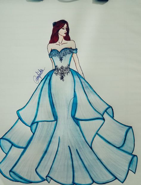 Frocks Drawing Sketches, Gradation Design Dress Illustration, Gowns Dresses Drawing, Gown Designs Drawing, Formal Dress Illustration, Dress Sketch Ideas, Gown Drawing Sketches, Gown Sketches Design, Garment Drawing