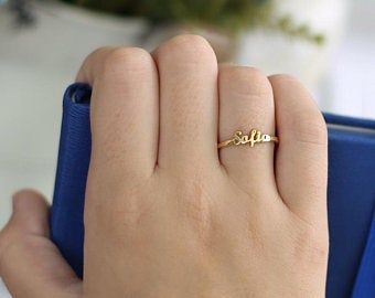 Dainty Name Ring-Personalized Ring-Gold Ring-Gold Name | Etsy Gold Jewelry Prom, Couple Ring Design, Ocean Ring, Ring Selfie, Locket Design, Ring Wire, Gold Spray, Cary Nc, Gold Rings Fashion