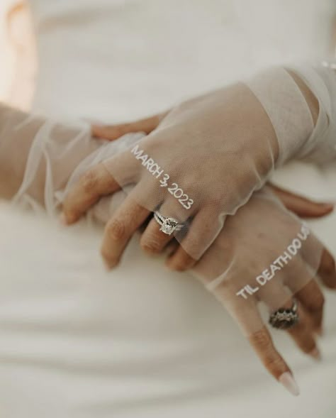 Fingerless wedding gloves with date and quote Engagement Photos With Gloves, Fingerless Wedding Gloves, Fingerless Bridal Gloves, Sheer Wedding Gloves, Wedding Gloves Fingerless, Fingerless Gloves Wedding, Bride With Tattoos, Wedding Dress With Gloves, Winter Engagement Photos Outfits