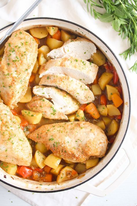 Chicken And Potatoes Dutch Oven, Dutch Oven Chicken And Potatoes, Dutch Oven Baked Chicken, Chicken Breast In Dutch Oven, Dutch Oven Chicken Breast Recipes, Chicken In Dutch Oven, Slow Cooked Chicken Breast, Dutch Oven Chicken Breast, Split Breast Chicken Recipes