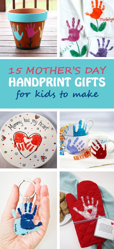 15 Mother's Day handprint gifts for kids to make for moms and grandmothers. Easy Mother's Day crafts for toddlers, preschoolers and kindergartners. Handprint keepsake: flower pot, tulip towel, platter, mugs, keychain, oven mitt, apron, potholder, tote bags, mason jar vase, photo frame, canvas   | at Non-Toy Gifts Easy Mothers Day Crafts For Toddlers, Gifts For Kids To Make, Mothers Day Handprint, Class Crafts, Easy Mother's Day Crafts, Diy Mother's Day Crafts, Mother's Day Projects, Handprint Gifts, Crafts For Toddlers