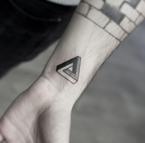 Impossible triangle, commonly known as the Penrose Triangle tattoo by Wagner Basei Triangle Tattoo Meaning, Impossible Triangle, Penrose Triangle, Pashmina Saree, Shape Tattoo, Art Articles, Geometric Drawing, Hand Tattoos For Guys, Tattoo Meaning