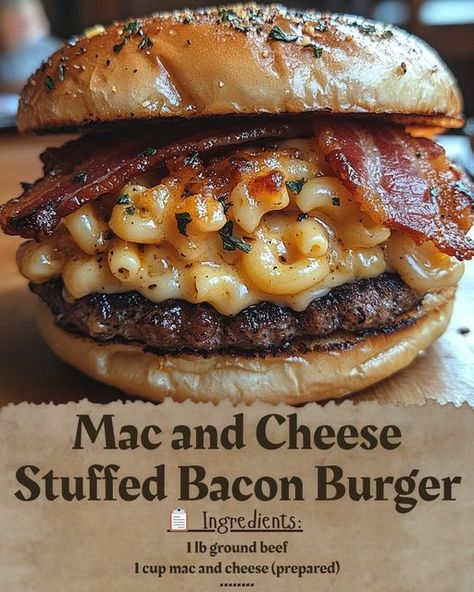 🍔🧀🥓 **Mac and Cheese Stuffed Bacon Burger** 🧀🍔 What happens when you combine the creamy goodness of mac and cheese with the smoky flavor of bacon inside a juicy burger patty? You get the **Mac and Cheese Stuffed Bacon Burger**—the ultimate indulgence for burger lovers! 😍🔥 👩‍🍳 **Ingredients:** - 1 lb ground beef - 1 cup prepared mac and cheese - ½ lb bacon, cooked and crumbled - 4 burger buns - Lettuce and tomato, for topping 🎯 **Instructions:** 1. **Prepare Patties**: Shape ground beef int... Bacon Cheeseburger Stuffed Peppers, Bacon Lasagna Burger, Waffle Burgers, Donut Burger, Good Burgers, Mac And Cheese Burger, Grilled Burger Recipes, Street Food Business, Grilled Beef Recipes