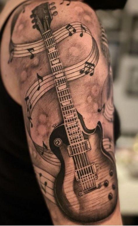 Unique guitars Guitar Tattoo Designs Men, Bass Guitar Tattoos, Guitar Music Tattoo, Electric Guitar Tattoos, Guitar Tattoo For Men, Tattoo Ideas Guitar, Electric Guitar Tattoo, Music Staff Tattoo, Grave Tattoo