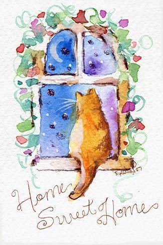 size: 18x12in Art Print: Home Sweet Home Cat in Window by sylvia pimental : Entertainment Kitten Art, Home Cat, Whimsical Paintings, Posters Wall Art, Cat Art Print, Watercolor Art Lessons, Watercolor Cat, Painting Designs, Posters Wall