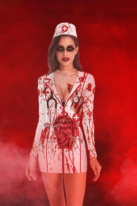 The eerily beautiful print depicts the nurse's horrible experiences through a delicate pattern of blood splatters. The knee-length style has a historical feel to it, evocative of traditional nursing uniforms. This costume, with its distinct combination of ominous appeal, is ideal for women who dare to embrace their dark side on Halloween. #women #zombie_nurse #halloween #costumes Nurse Costume Ideas, Halloween Nurse Costumes, Nurse Halloween Costumes, Zombie Nurse Costume, Zombie Nurse, Nurse Halloween Costume, Halloween Costumes For Women, Nurse Halloween, Costume For Women