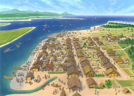 Feudal Japan Town Map Ancient Japanese City Art, Japanese Feudal Village, Japanese Village Art, Swamp Town, Ancient Homes, Medieval Port, Japanese Cities, Japan Village, Medieval Japanese