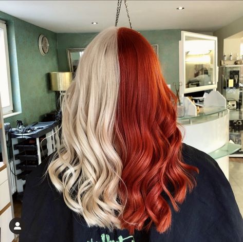 #splithair #red #blonde #white #haircolor #split Half Colored Hair, White Ombre Hair, Red Orange Hair, Color Block Hair, Friends Boys, Silver White Hair, Red Blonde, Red Ombre Hair, Split Dyed Hair