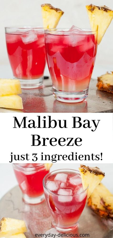 Malibu bay breeze is a delicious and easy drink, made with only 3 ingredients: Malibu, pineapple juice and cranberry juice. Malibu bay breeze is sweet, fruity and very refreshing. #drinks #newyearseve #malibu #pineapplejuice Malibu Breeze Drink, Sweet Liquor Drinks Alcohol, Malibu Bay Breeze Pitcher, Delicious Drinks Alcohol, Shots With Pineapple Juice, Alcoholic Drinks Easy 3 Ingredients, Drink Ideas Alcoholic Easy, Drinks With Strawberry Malibu, Easy Alcoholic Mixed Drinks