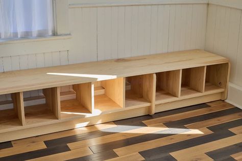 Shoe shelf and cubby bench for The Movement Studio. So appreciative of @radical_healing_durham for having me make such sick work. Fourteen feet of Ash and hardwax-oil Photos by @asiasiaha Yoga Studio Shoe Storage, Cubby Shoe Bench, Built In Haleay Bench With Shoe Storage, Shoes Shelf Ideas, Yoga Studio Cubbies, Diy Cubby Bench, Diy Wood Bench With Shoe Storage, Dyi Shoe Bench, Diy Shoe Bench