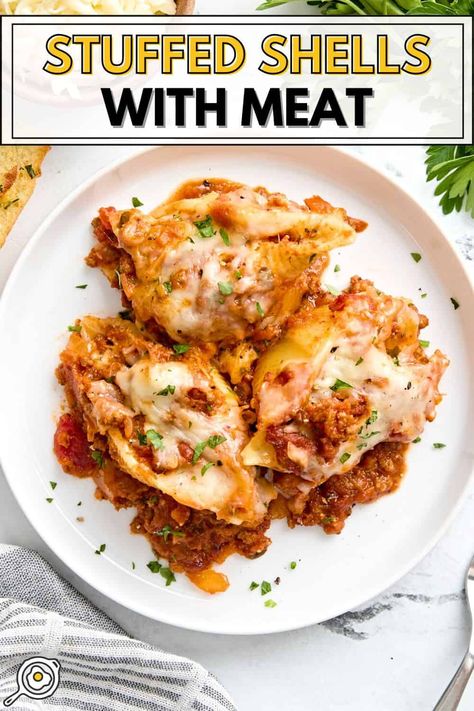 Stuffed Shells with Meat Meat Stuffed Shells, Ground Beef Stuffed Shells, Stuffed Shells With Ground Beef, Shells With Ground Beef, Stuffed Shells With Meat, Budget Bites, Beef Pasta Recipes, Bowl Meals, Aldi Meal Plan