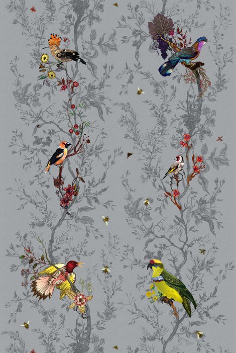 Timorous Beasties Birds n Bees fabric | Timorous Beasties Foto Transfer, Bee Fabric, Timorous Beasties, May Designs, Bird Wallpaper, Fabric Birds, Vintage Chairs, Back To Nature, Elegant Homes