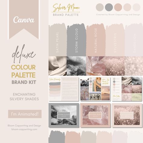 Deluxe Silver Grey Brand Palette  | Editable Canva Colour Palette with Hex Codes | Small Business Branding Kit |  Gray Colour Palette | Moon-inspired Palette | Sophisticated Color Palette | Silver Color Palette | Gray, Beige, and Pink Brand Palette Silver Moon Deluxe Brand Colour Palette with Hex Codes Get a fresh new business look in just one click, with this clever deluxe palette kit in Silver Moon. With an ethereal mix of silver grey, pink and beige shades, you can add a touch of silvery sophistication to your rebrand in seconds - and own a gorgeous visual guide to share with your small business team. ✿ Perfect for Small Businesses and solopreneurs ✿ Fully Editable ✿ Customisable ✿ Reusable ✿ Free Animated Effects Already Added ✿ Created with Free, Easy-to-Use Canva Software ✿ Created u Brand Kit Color Palette, Gray Color Palette Hex Codes, Grey Color Palette Hex Codes, Neutral Colour Palette Branding, Brand Kit With Hex Codes, Brand Kit Colours And Hex Codes, Neutral Pink Color Palette Hex Codes, Canva Color Palette Codes, Free Brand Kit With Hex Codes