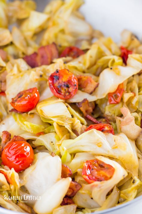 This cabbage and bacon recipe features red wine vinegar and sweet cherry tomatoes  Keto friendly bacon, crispy and delicious pairing with your dinner recipe. Recipes For Leftover Turkey, Baked Cabbage, Steamed Cabbage, Uncured Bacon, Cabbage And Sausage, Cabbage And Bacon, Bacon Recipe, Leftover Turkey Recipes, Bacon Tomato