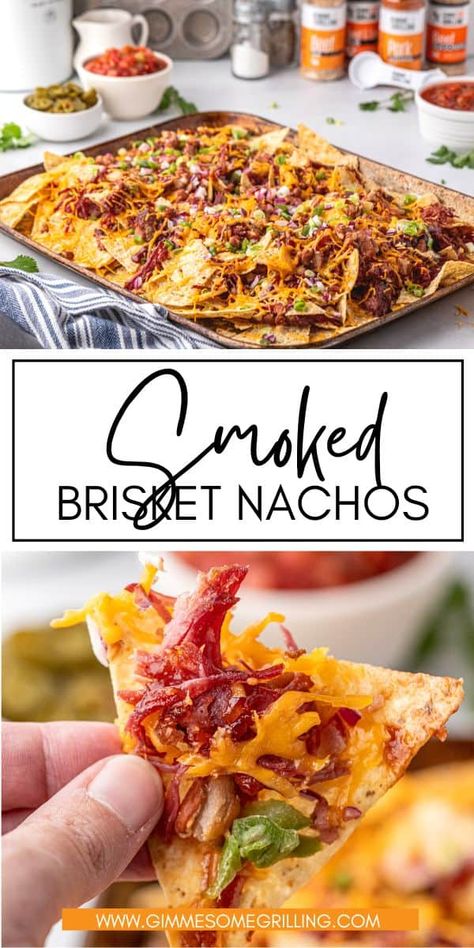 Need to use your leftover brisket? Make these incredible Smoked Brisket Nachos! Crispy tortilla chips loaded with shredded beef brisket, melted cheese, and your choice of toppings make for an effortless dinner or a fantastic party appetizer. Recipes With Brisket, Brisket Nachos Recipes, Leftover Smoked Brisket Recipes, What To Serve With Smoked Brisket, Brisket Nachos, Smoked Brisket Leftovers, Brisket Fries Loaded, Smoked Brisket Nachos, Brisket Recipes Smoked