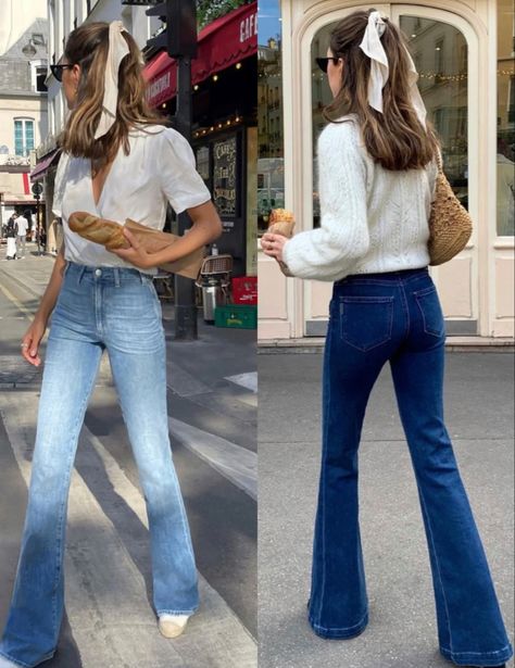 Flare Jeans Outfit Light Wash, Chic Flare Jeans Outfit, Gap Jeans Women Outfits, Autumn Bbq Outfit, Blue Jean Flare Pants Outfit, Bootcut Jeans Styling, Winter Outfits With Flare Jeans, Cute Outfits Flare Jeans, Classy Outfit With Jeans