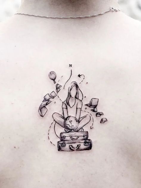 London Travel Tattoo, Books And Travel Tattoo, Wanderlust Tattoos For Women, Book And Travel Tattoo, Abstract Travel Tattoo, Adventure Travel Tattoos, Worldly Tattoos, Tattoos For Adventure, Travel Nurse Tattoo