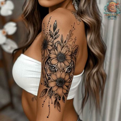 Celebrating Women and Their Unique Feminine Tiger Tattoos – 48 Designs - inktat2.com Feminine Shoulder Tattoos, Shoulder Sleeve Tattoos, Tiger Tattoos, Arm Sleeve Tattoos For Women, Feminine Tattoo Sleeves, Tattoos For Women Half Sleeve, Forearm Tattoo Women, Leg Tattoos Women, Pretty Tattoos For Women