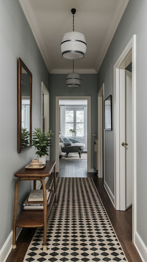 Creative Ideas for Decorating Narrow Hallways: Paint, Furniture, and Decor Tips Flat Corridor Ideas, Craftsman Hallway Ideas, Bedroom Hallway Decorating Ideas, Decorate Hallway Walls Narrow, Light And Airy Hallway, Downstairs Landing Ideas, Small Hallway Molding Ideas, Long Narrow Hallway Ideas Farmhouse, Traditional Hallway Decor