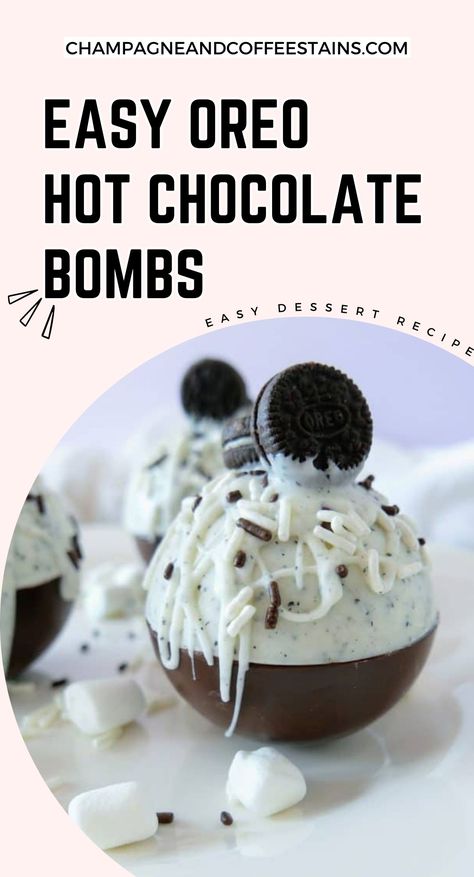 hot cocoa bombs on a plate that reads easy hot chocolate bomb recipe Oreo Desserts Easy, Hot Chocolate Bombshell, Chocolate Bombshell, Oreo Hot Chocolate, Hot Cocoa Drink, Oreo Dessert Easy, Fun Holiday Food, Bake Sale Treats, Baking Recipes For Kids